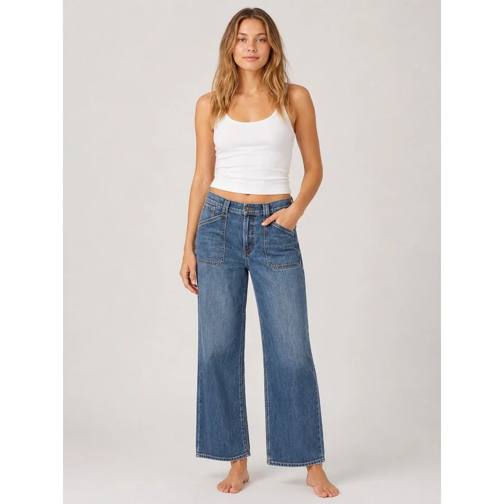 American Eagle Womens Stovepipe Wide Leg Jeans Size 14 Blue High Rise Stretch